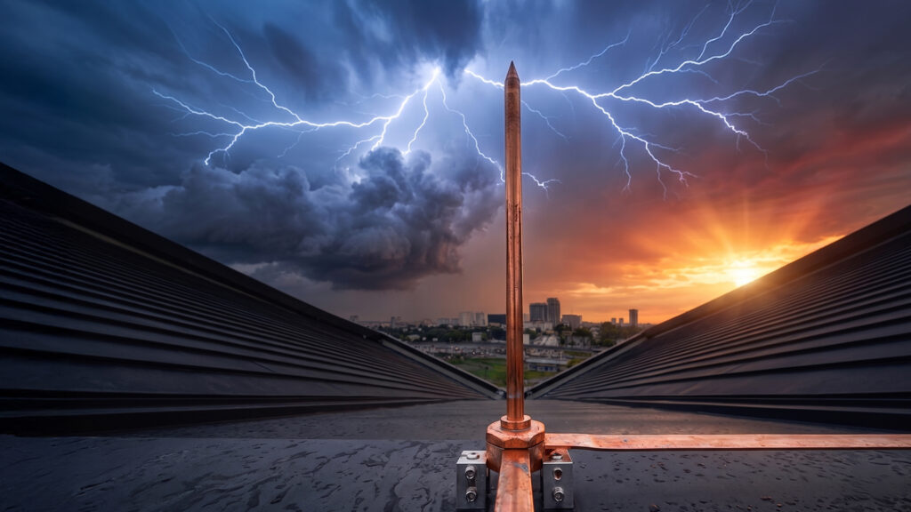 Tokai lightning rod on the rooftop with storm in the background